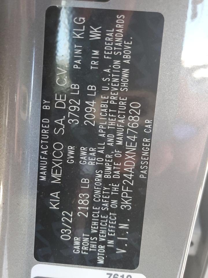 2022 Kia Forte Fe VIN: 3KPF24ADXNE476820 Lot: 86505075