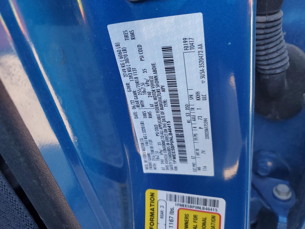 2022 Ford Bronco Base VIN: 1FMEE5BP0NLB46415 Lot: 85688425