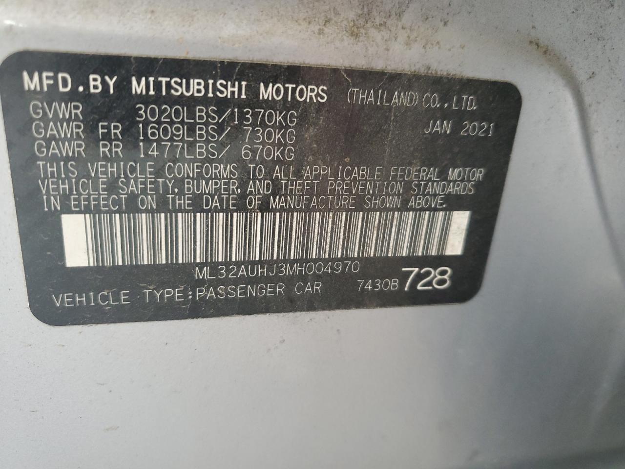 2021 Mitsubishi Mirage Es VIN: ML32AUHJ3MH004970 Lot: 86276635