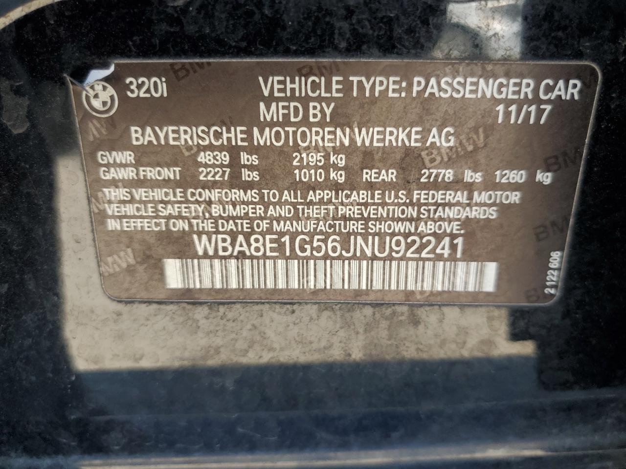 2018 BMW 320 I VIN: WBA8E1G56JNU92241 Lot: 86689075