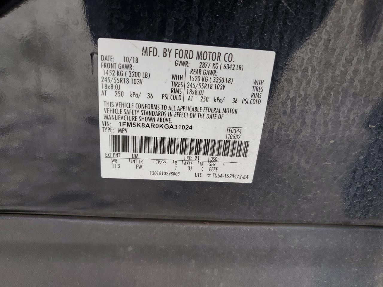 2019 Ford Explorer Xl VIN: 1FM5K8AR0KGA31024 Lot: 85738285