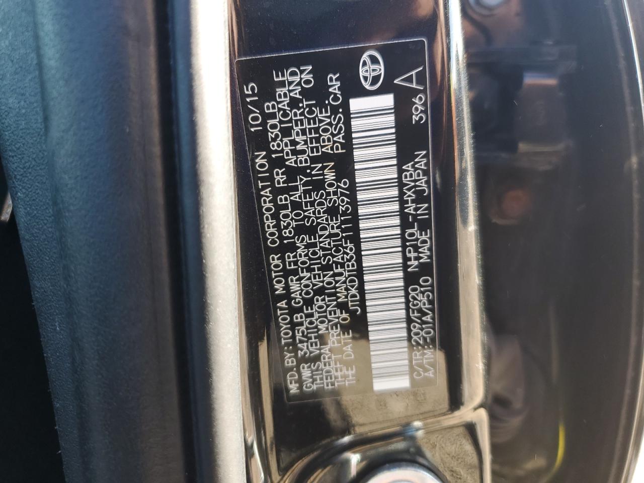 2015 Toyota Prius C VIN: JTDKDTB36F1113976 Lot: 86702085