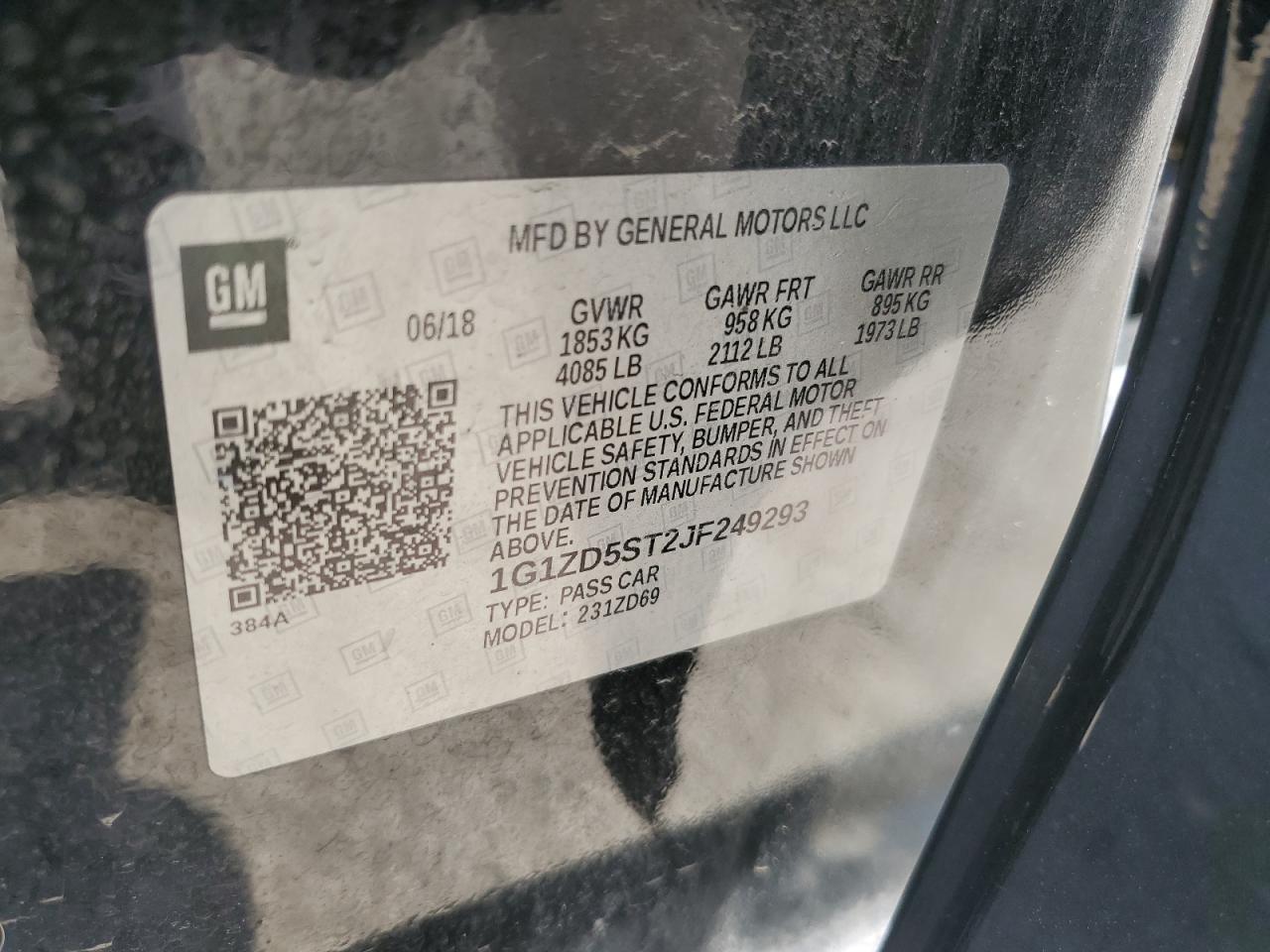 2018 Chevrolet Malibu Lt VIN: 1G1ZD5ST2JF249293 Lot: 85264365