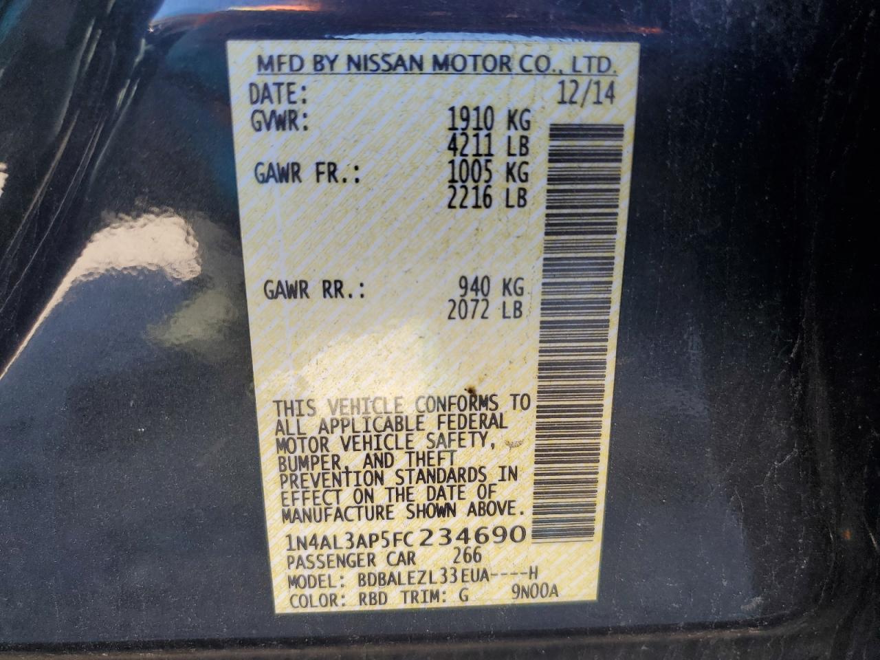 2015 Nissan Altima 2.5 VIN: 1N4AL3AP5FC234690 Lot: 84913575