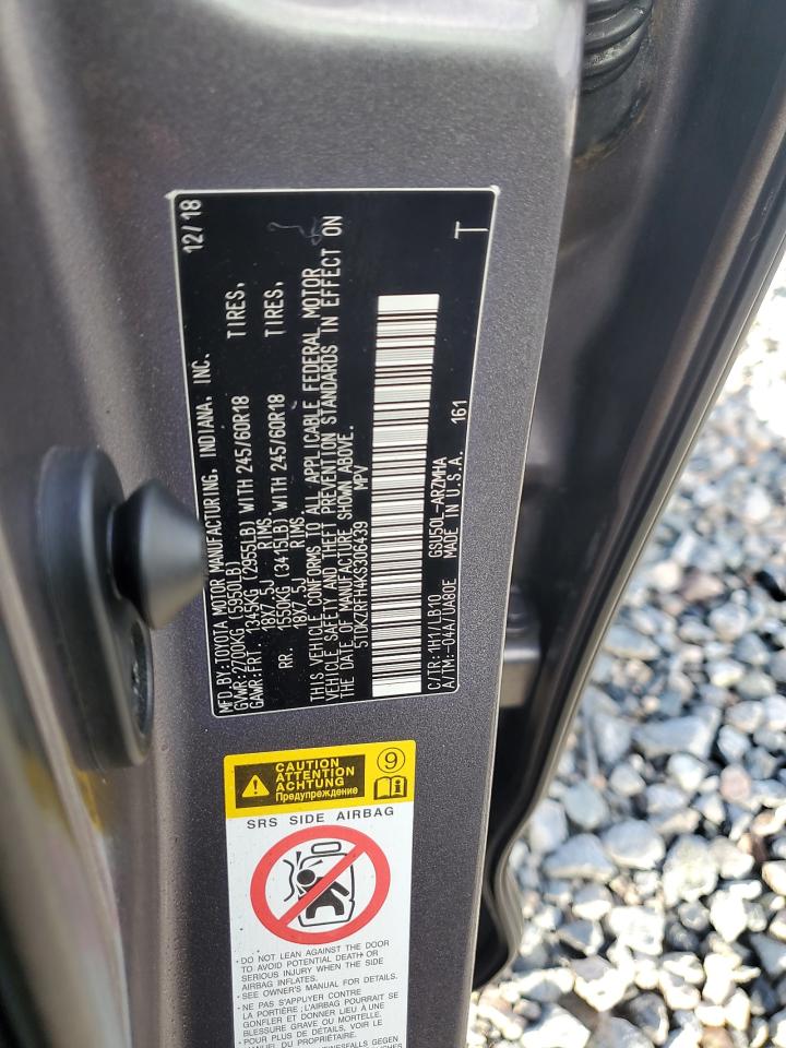 2019 Toyota Highlander Se VIN: 5TDKZRFH4KS306439 Lot: 85169415