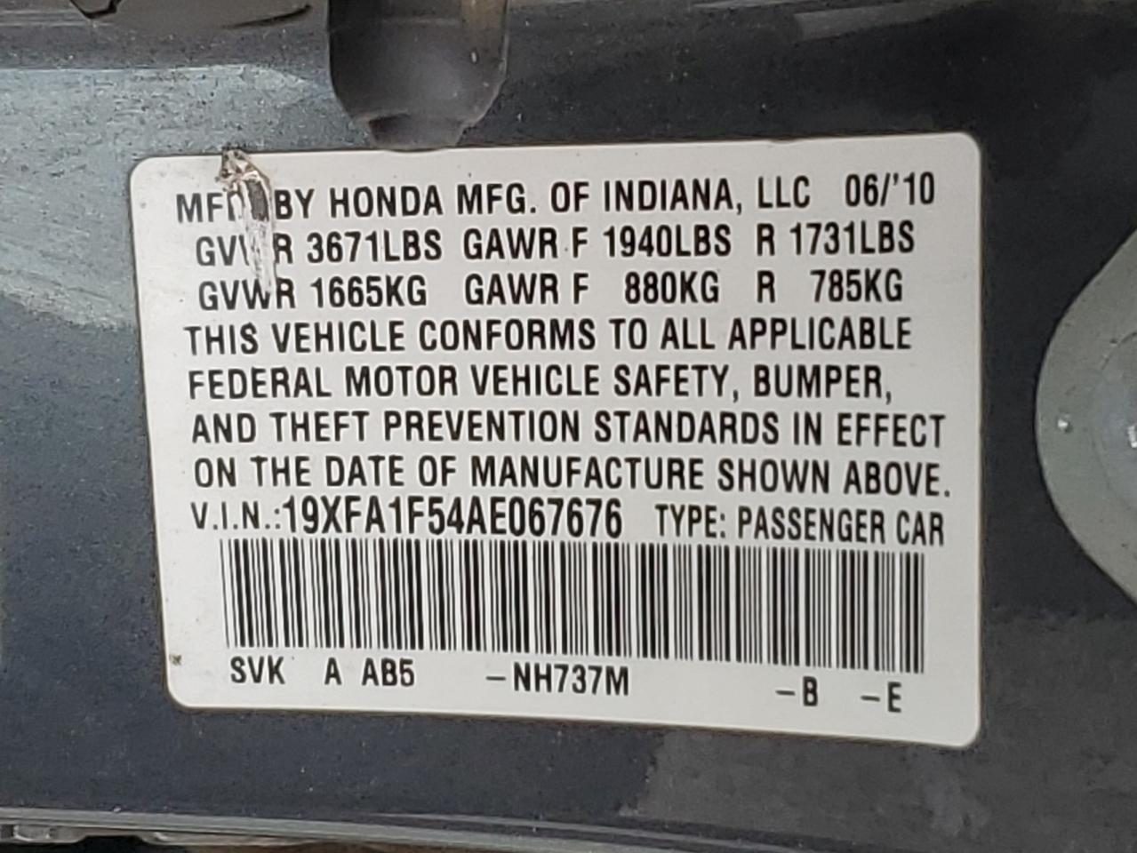 2010 Honda Civic Lx VIN: 19XFA1F54AE067676 Lot: 85376225