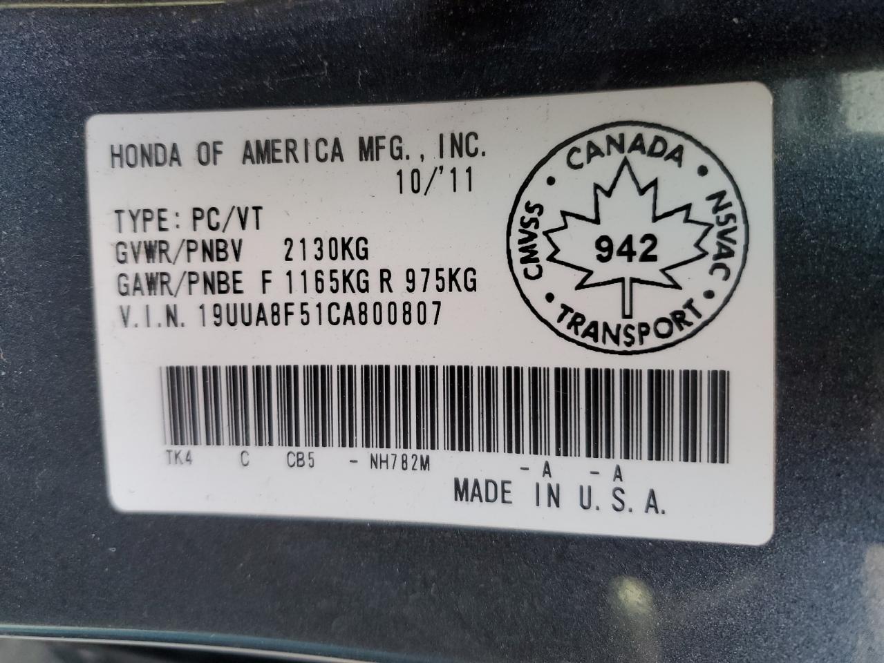 2012 Acura Tl VIN: 19UUA8F51CA800807 Lot: 86187365