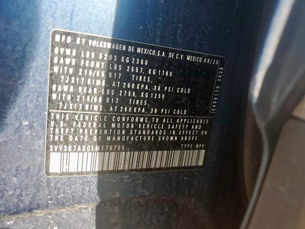 2020 Volkswagen Tiguan Se VIN: 3VV3B7AX0LM176755 Lot: 85009235