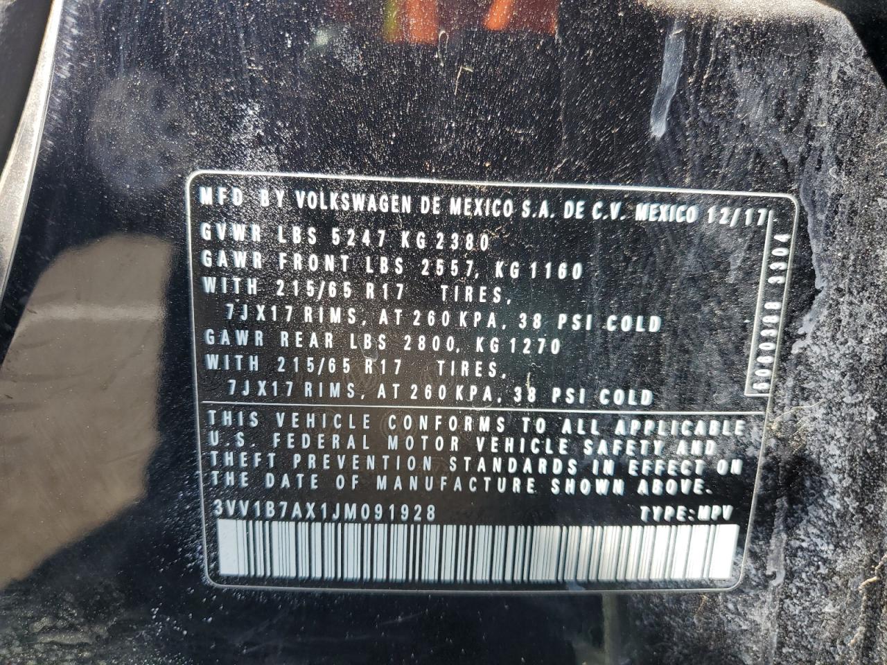 2018 Volkswagen Tiguan S VIN: 3VV1B7AX1JM091928 Lot: 85563025