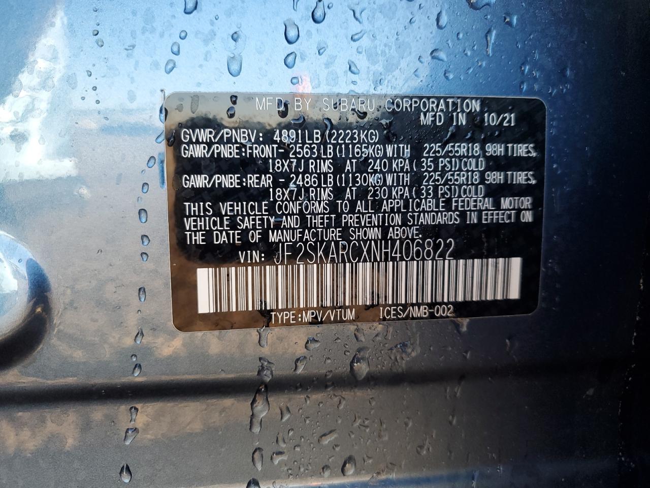 2022 Subaru Forester Touring VIN: JF2SKARCXNH406822 Lot: 90013695