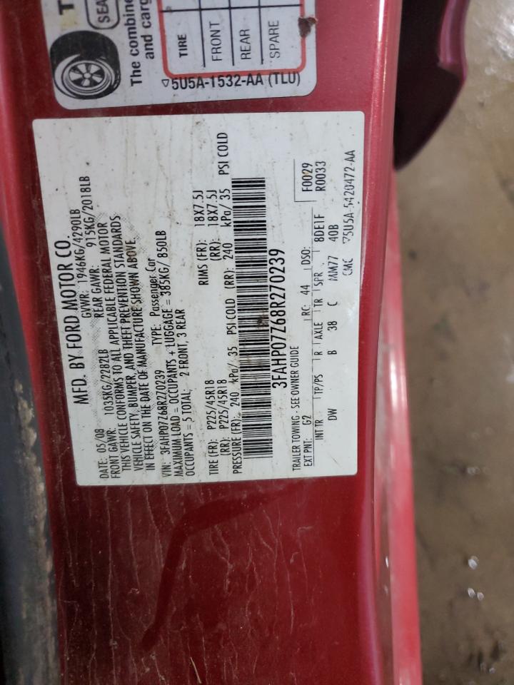 2008 Ford Fusion Se VIN: 3FAHP07Z68R270239 Lot: 84592775
