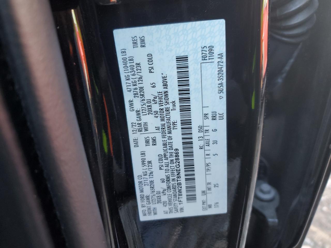 2022 Ford F250 Super Duty VIN: 1FT8W2BT8NEG28869 Lot: 87005545