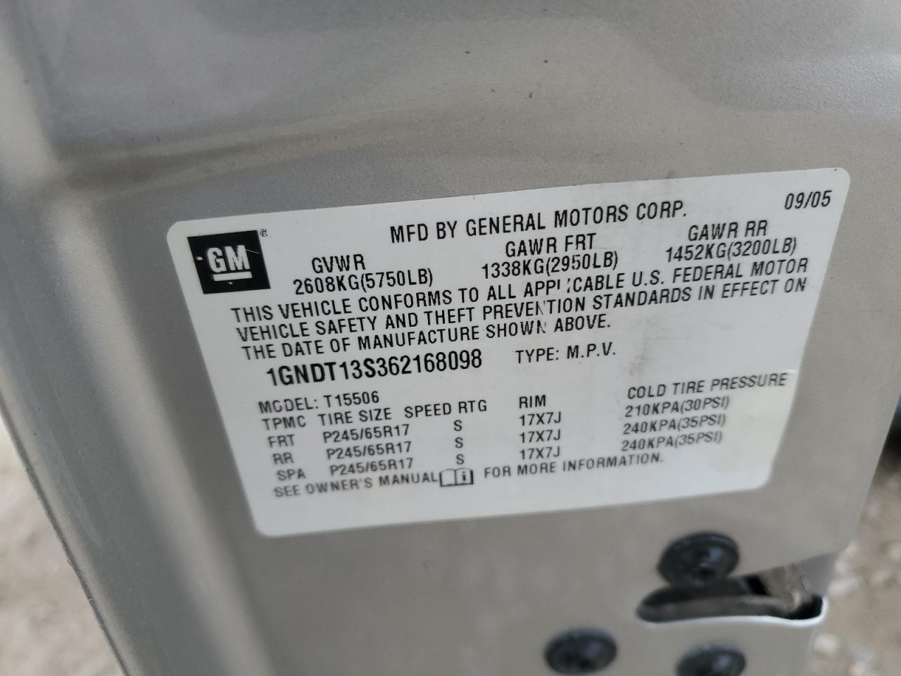 2006 Chevrolet Trailblazer Ls VIN: 1GNDT13S362168098 Lot: 85176625