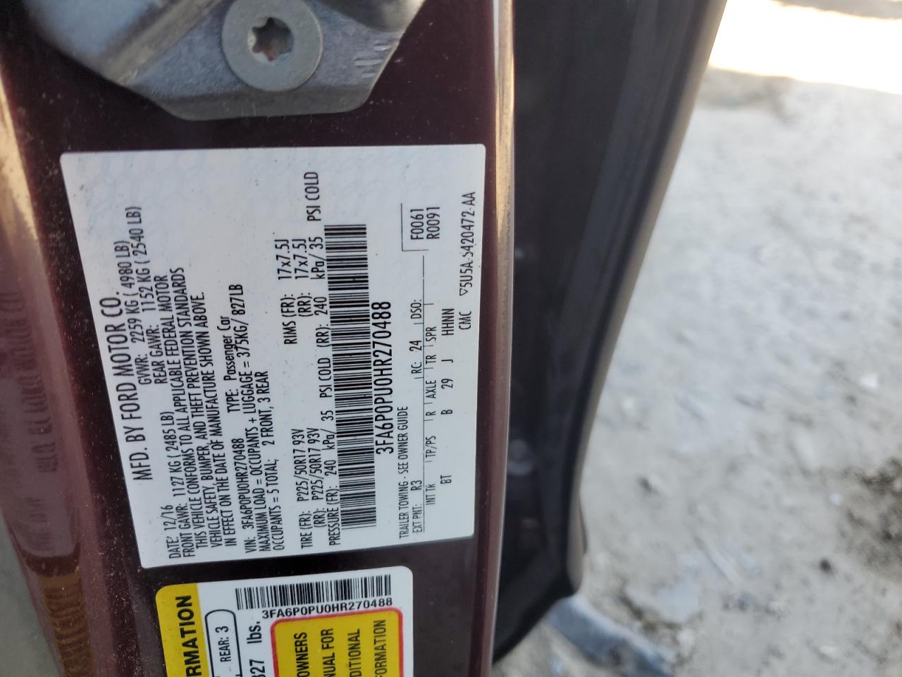 2017 Ford Fusion Se Phev VIN: 3FA6P0PU0HR270488 Lot: 86543985