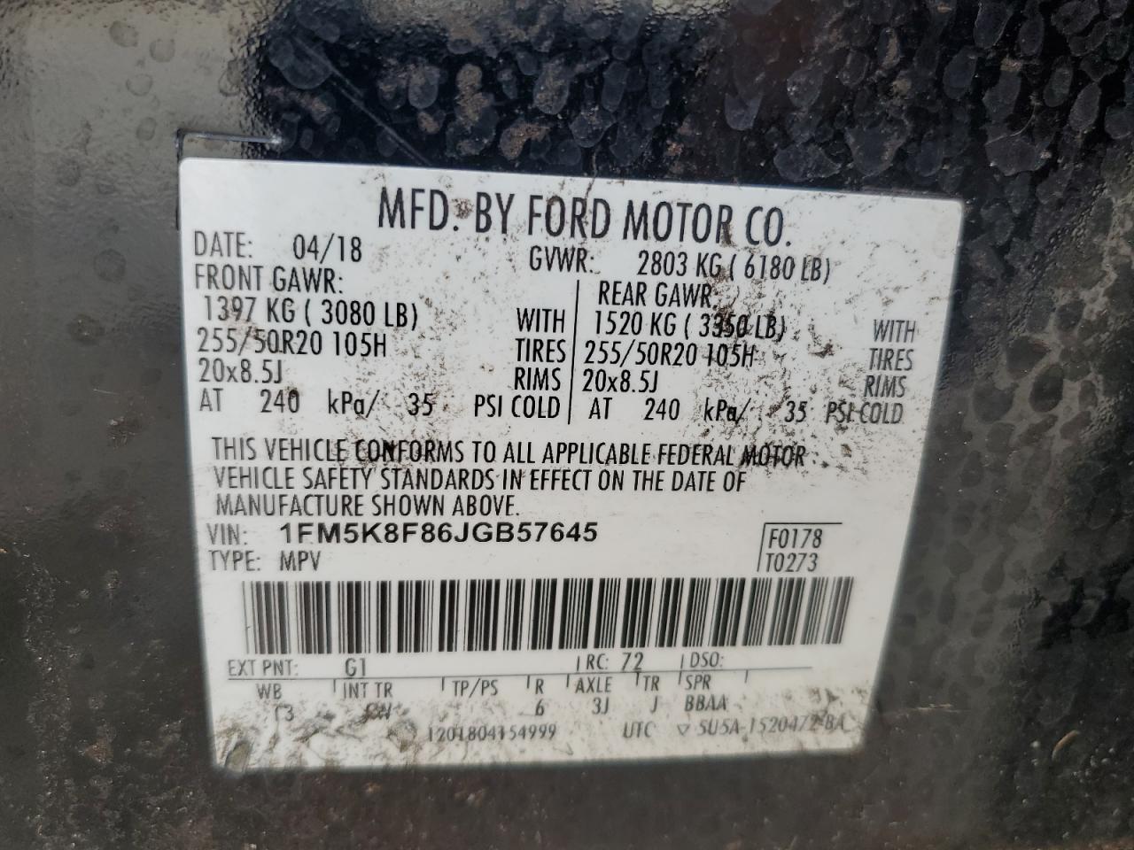 2018 Ford Explorer Limited VIN: 1FM5K8F86JGB57645 Lot: 85686605