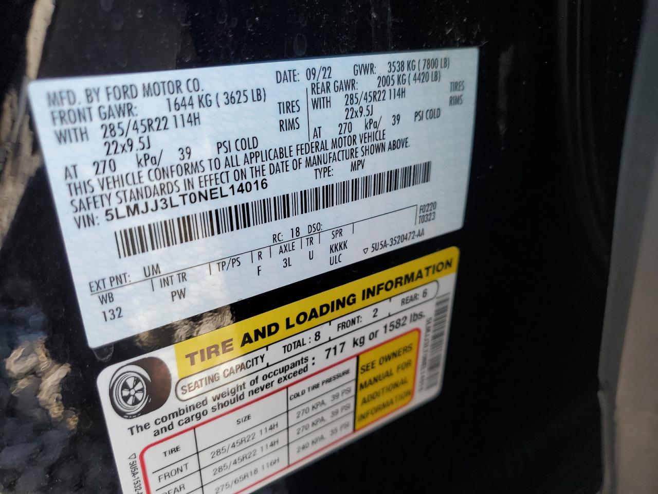 2022 Lincoln Navigator L Reserve VIN: 5LMJJ3LT0NEL14016 Lot: 85383655