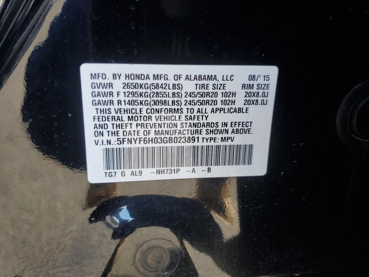 2016 Honda Pilot Elite VIN: 5FNYF6H03GB023891 Lot: 82257825