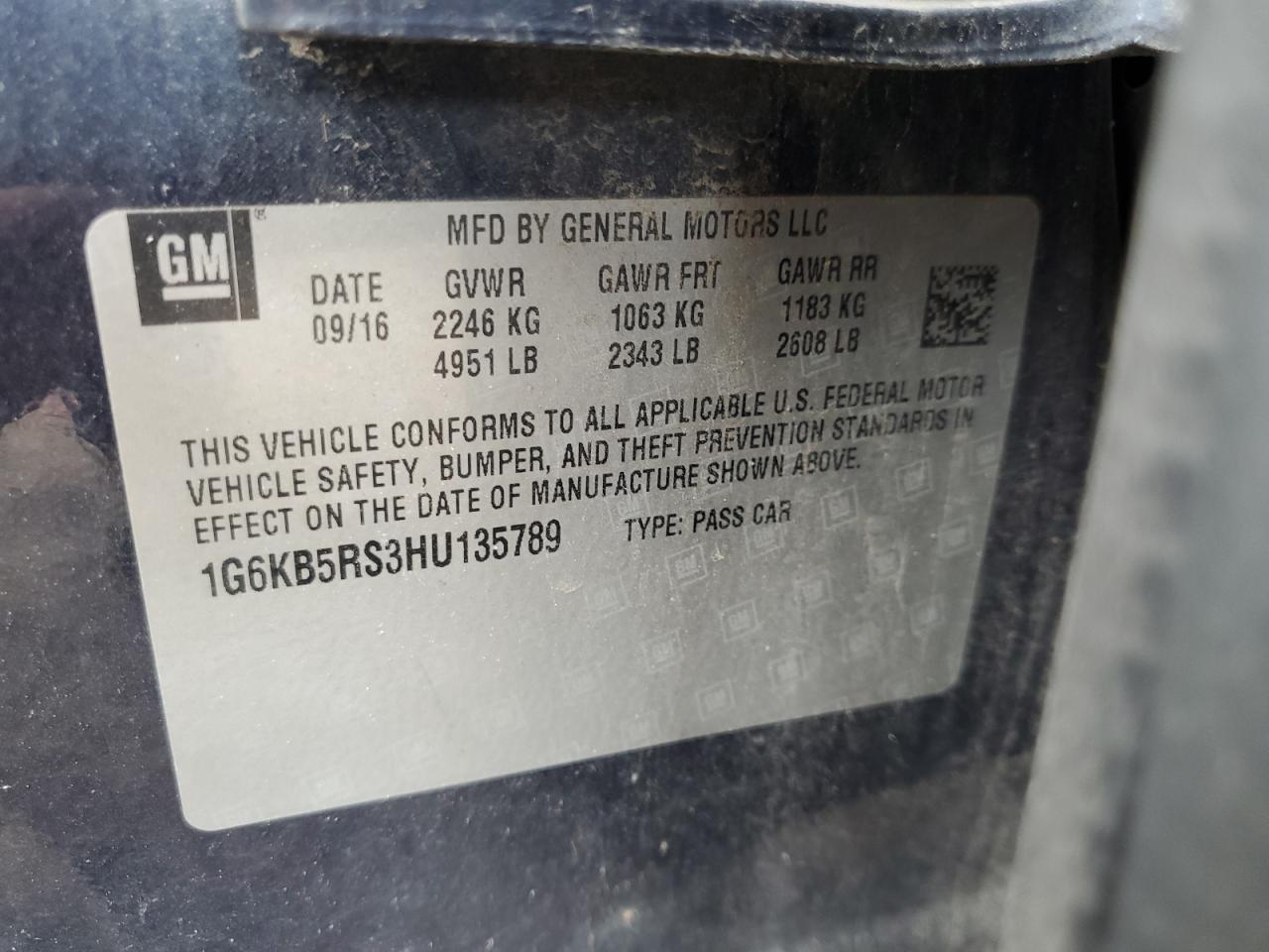 2017 Cadillac Ct6 VIN: 1G6KB5RS3HU135789 Lot: 86871845