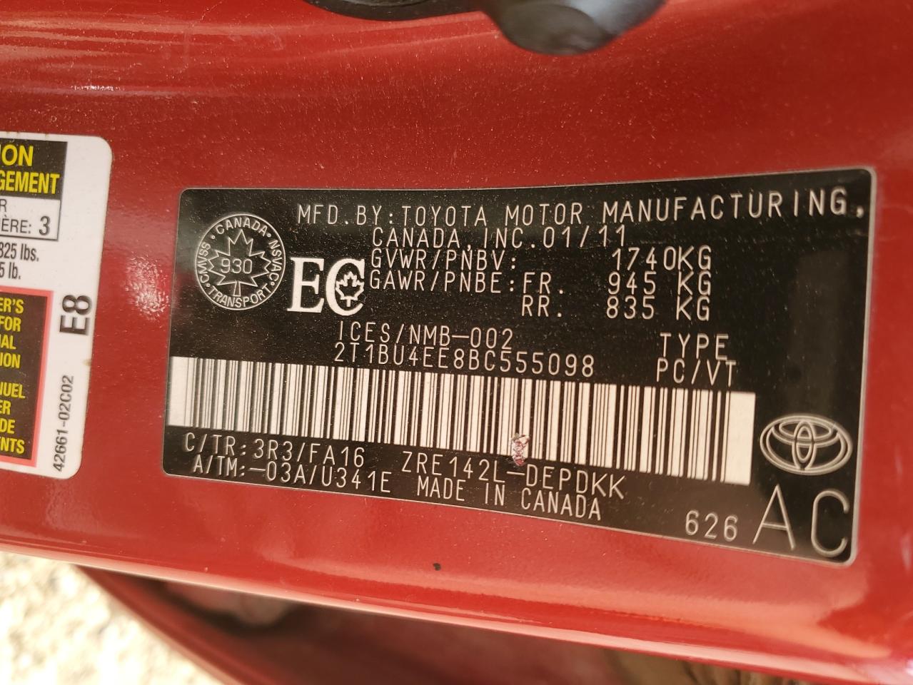 2011 Toyota Corolla Base VIN: 2T1BU4EE8BC555098 Lot: 84559125