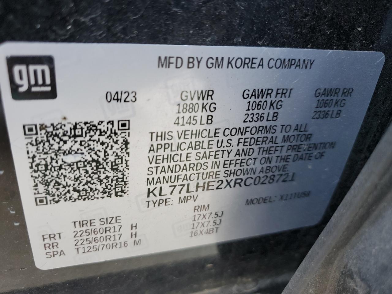 2024 Chevrolet Trax 1Lt VIN: KL77LHE2XRC028721 Lot: 86280235