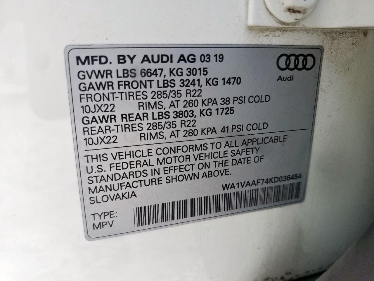 2019 Audi Q7 Prestige VIN: WA1VAAF74KD036454 Lot: 80574105