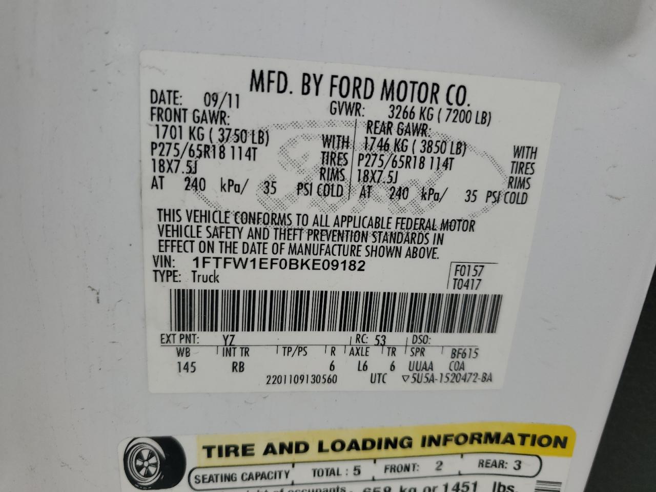 2011 Ford F150 Supercrew VIN: 1FTFW1EF0BKE09182 Lot: 86823665