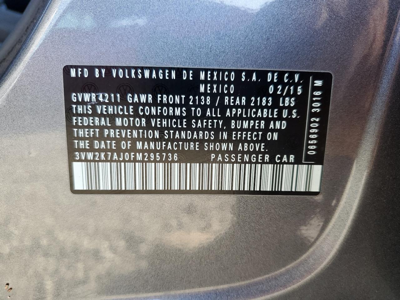 2015 Volkswagen Jetta Base VIN: 3VW2K7AJ0FM295736 Lot: 82437505