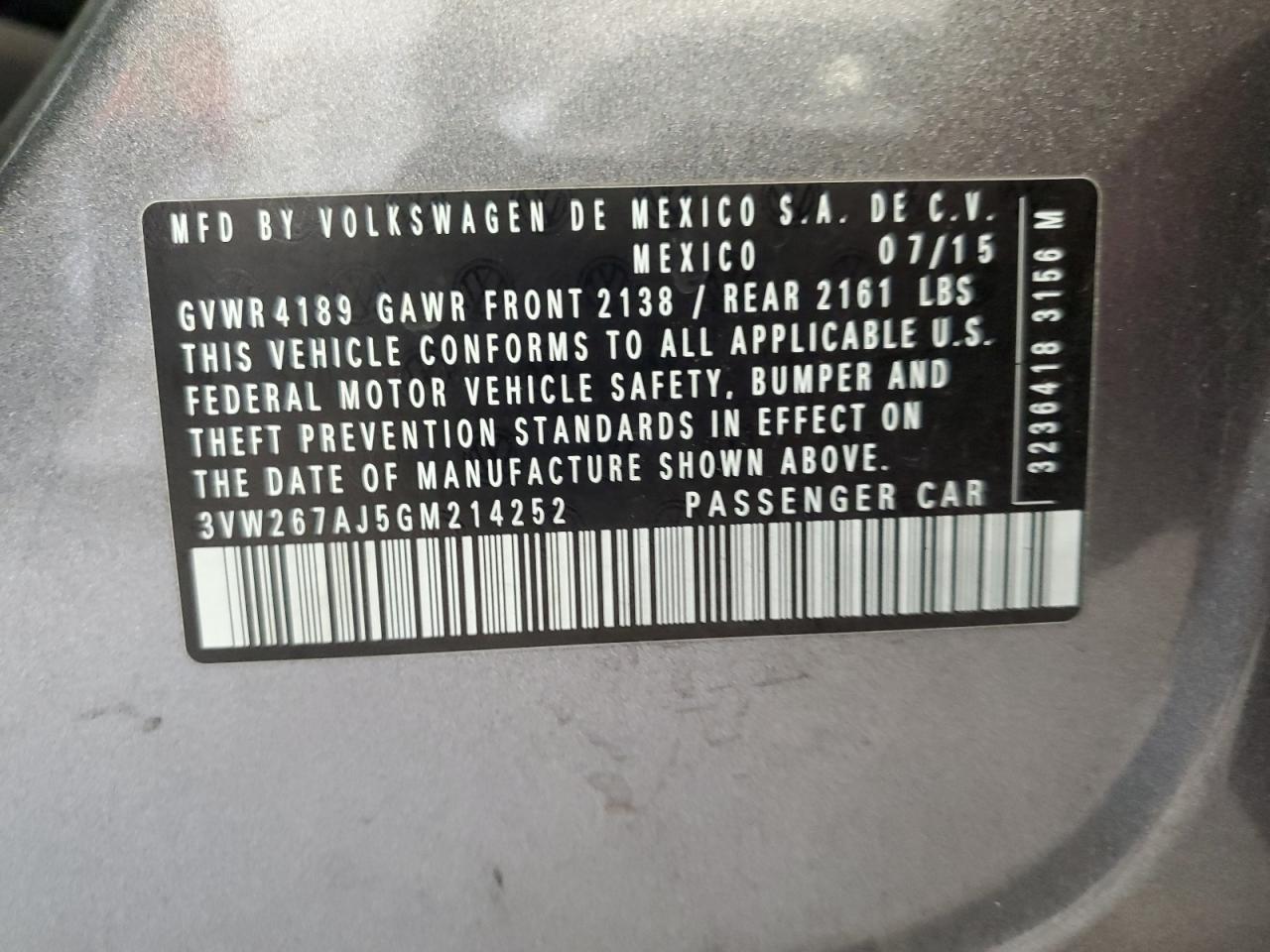 2016 Volkswagen Jetta S VIN: 3VW267AJ5GM214252 Lot: 82265385