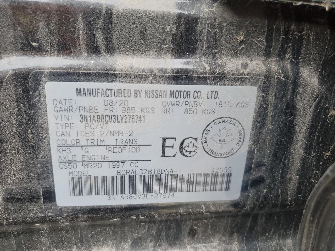 2020 Nissan Sentra Sv VIN: 3N1AB8CV3LY276741 Lot: 86292955