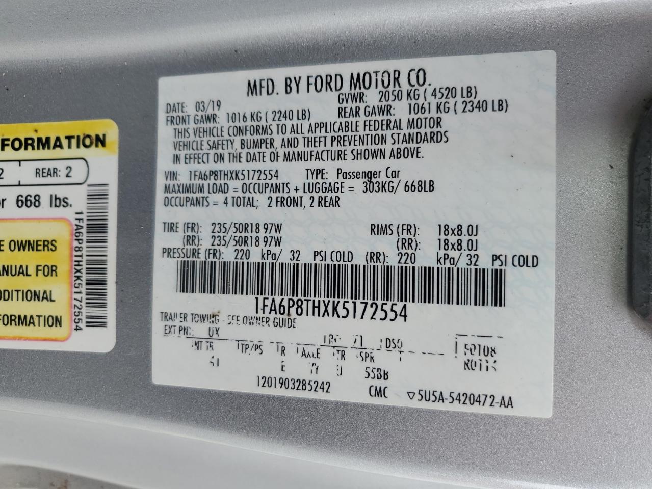 2019 Ford Mustang VIN: 1FA6P8THXK5172554 Lot: 82207165