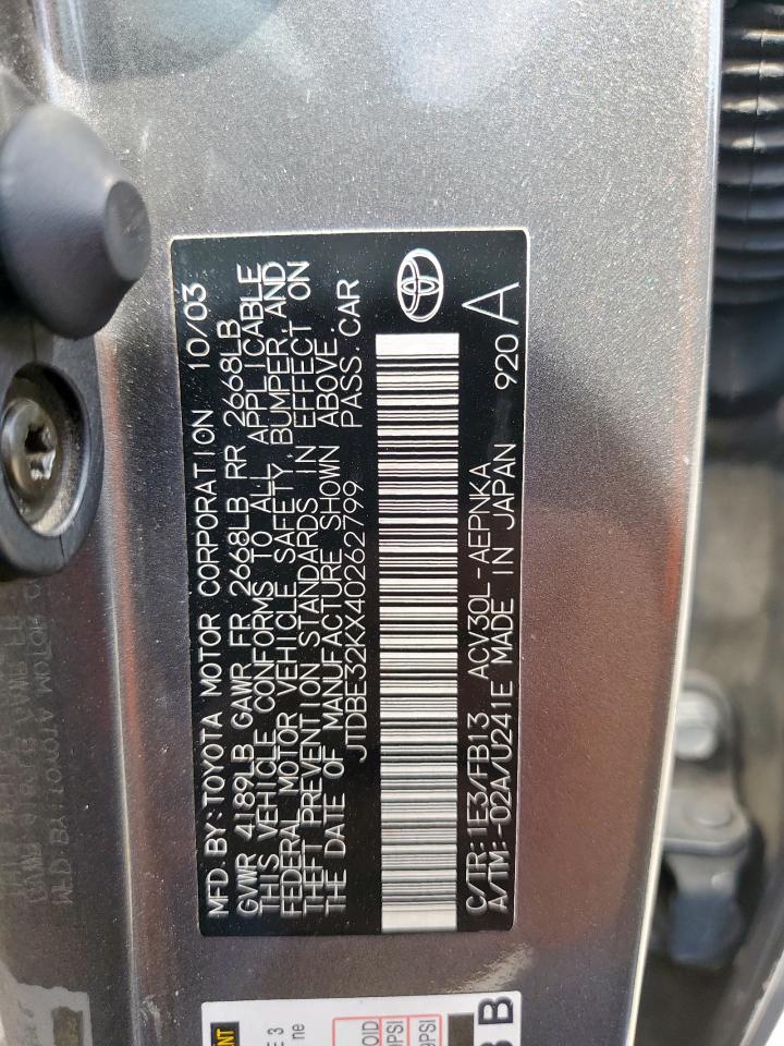 2004 Toyota Camry Le VIN: JTDBE32KX40262799 Lot: 85327725