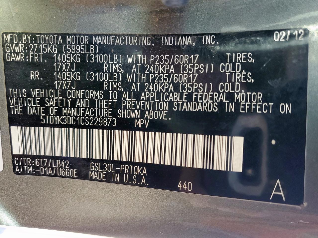 2012 Toyota Sienna Xle VIN: 5TDYK3DC1CS229873 Lot: 90823675