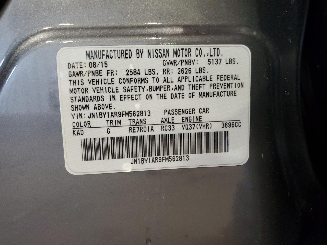 2015 Infiniti Q70 3.7 VIN: JN1BY1AR9FM562813 Lot: 80620105