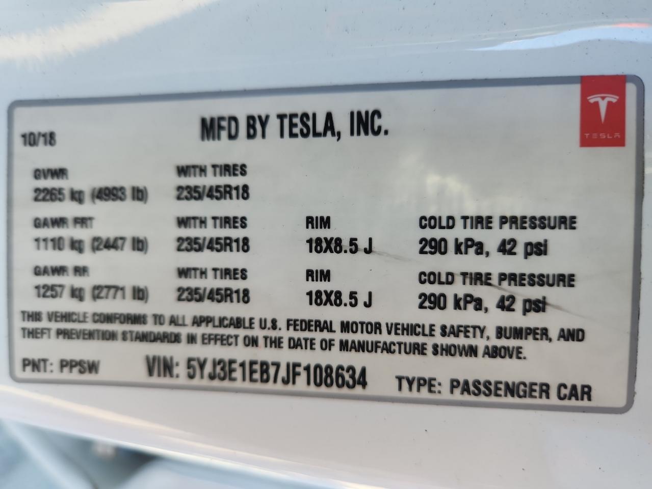 2018 Tesla Model 3 VIN: 5YJ3E1EB7JF108634 Lot: 81047785