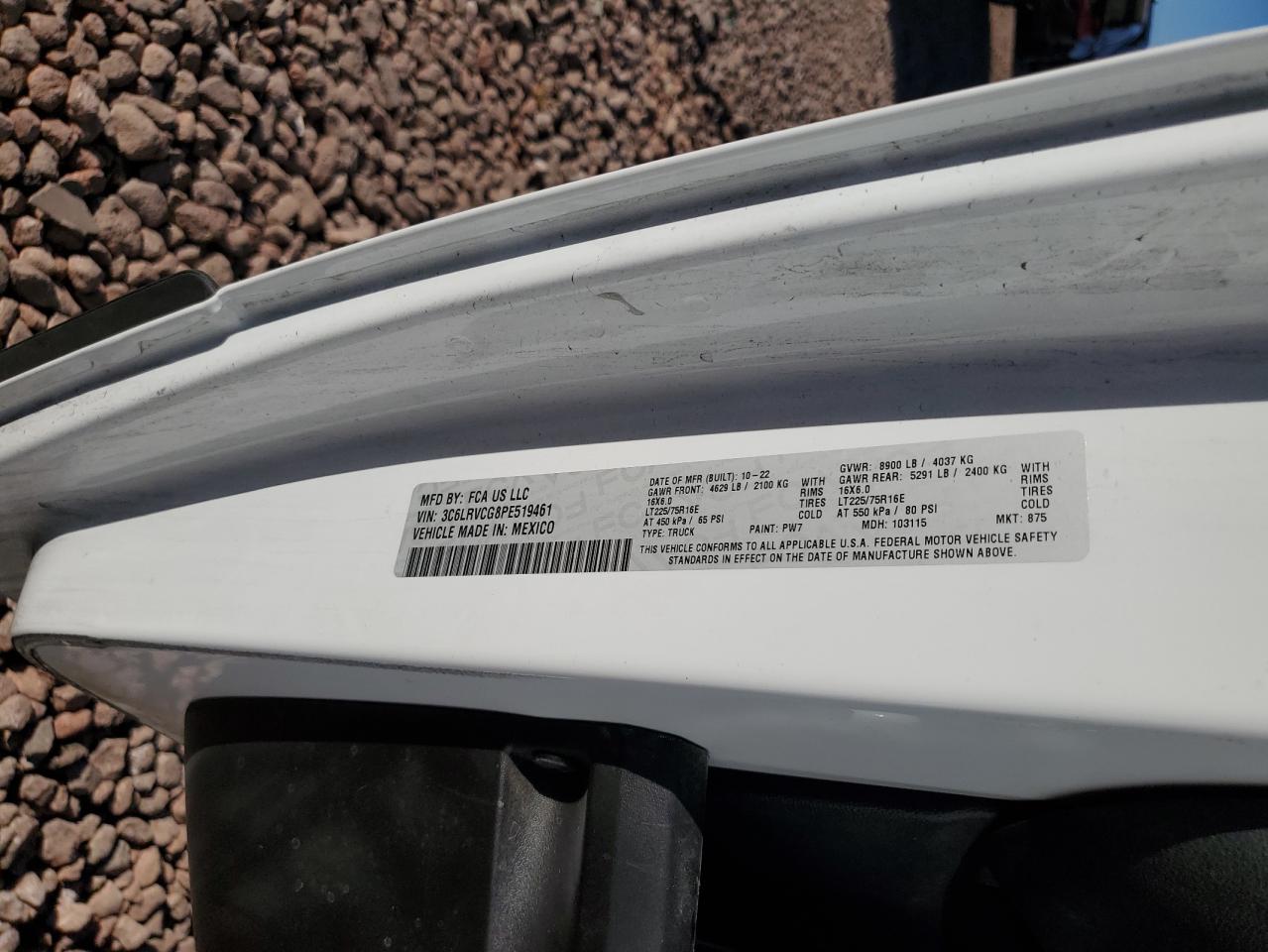 2023 Ram Promaster 2500 2500 High VIN: 3C6LRVCG8PE519461 Lot: 84765625