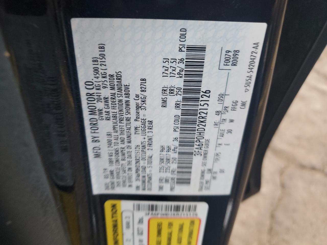 2019 Ford Fusion Se VIN: 3FA6P0HD2KR215126 Lot: 82309065