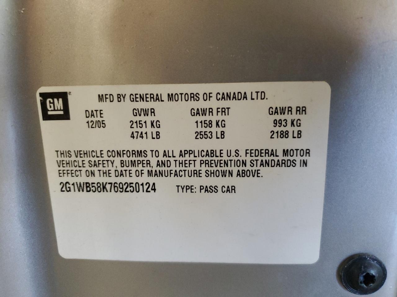 2006 Chevrolet Impala Ls VIN: 2G1WB58K769250124 Lot: 85694535