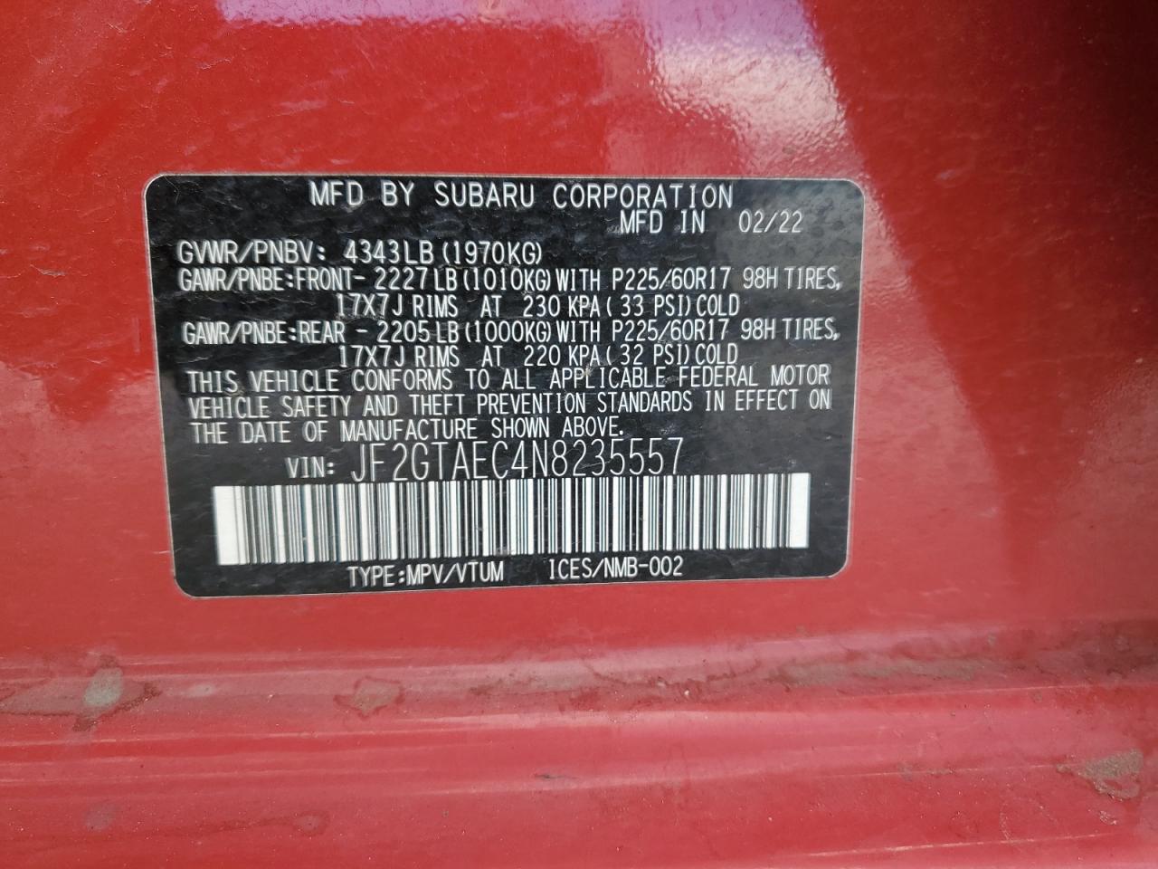 2022 Subaru Crosstrek Premium VIN: JF2GTAEC4N8235557 Lot: 84834085