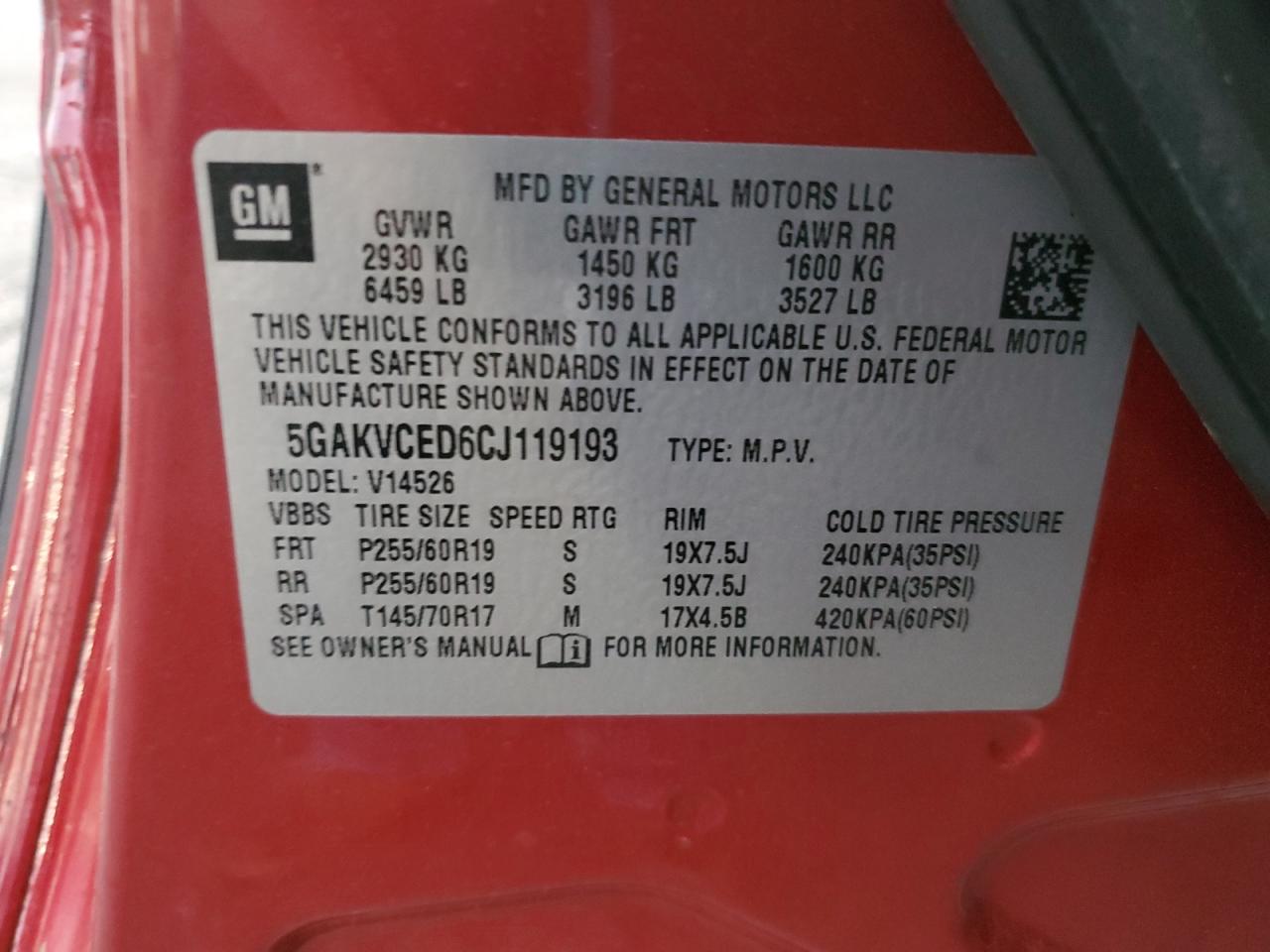 2012 Buick Enclave VIN: 5GAKVCED6CJ119193 Lot: 81950065