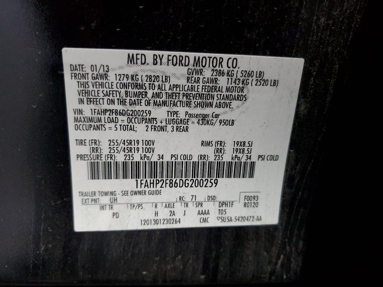 2013 Ford Taurus Limited VIN: 1FAHP2F86DG200259 Lot: 86229965