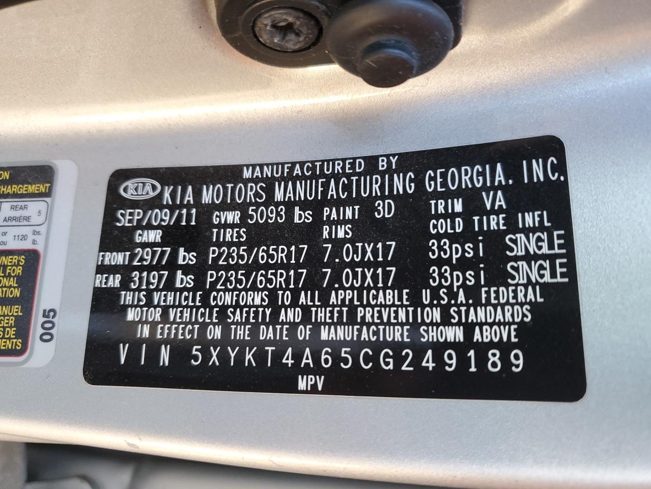 2012 Kia Sorento Base VIN: 5XYKT4A65CG249189 Lot: 87490495