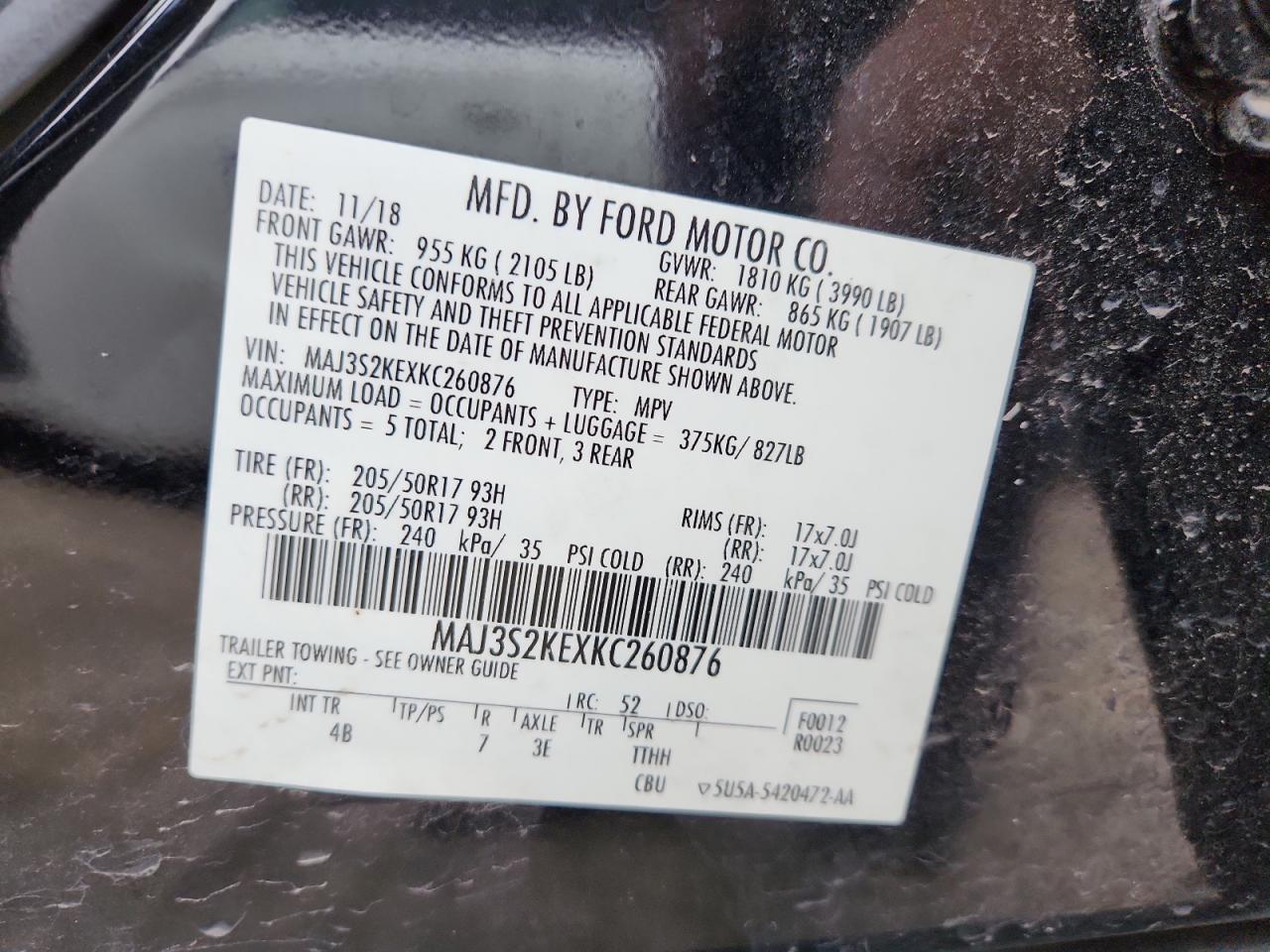 2019 Ford Ecosport Titanium VIN: MAJ3S2KEXKC260876 Lot: 90090165