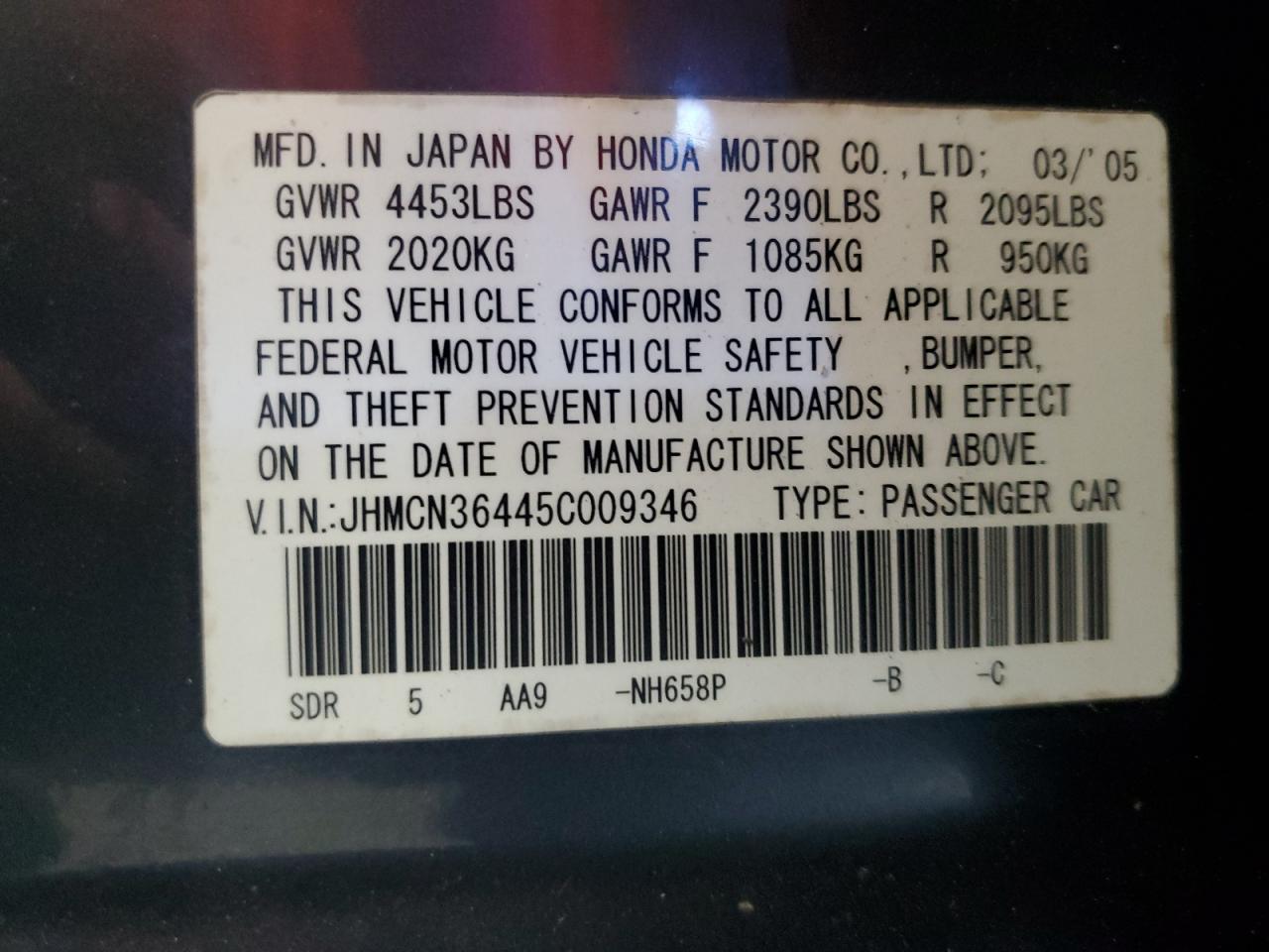 2005 Honda Accord Hybrid VIN: JHMCN36445C009346 Lot: 85074375