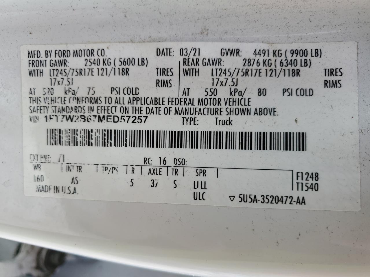 2021 Ford F250 Super Duty VIN: 1FT7W2B67MED57257 Lot: 87008295