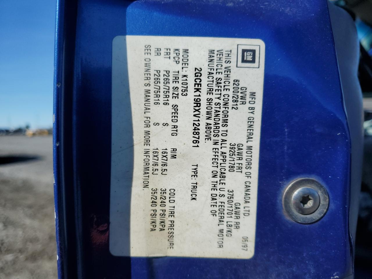 1997 Chevrolet Gmt-400 K1500 VIN: 2GCEK19RXV1248761 Lot: 85558485