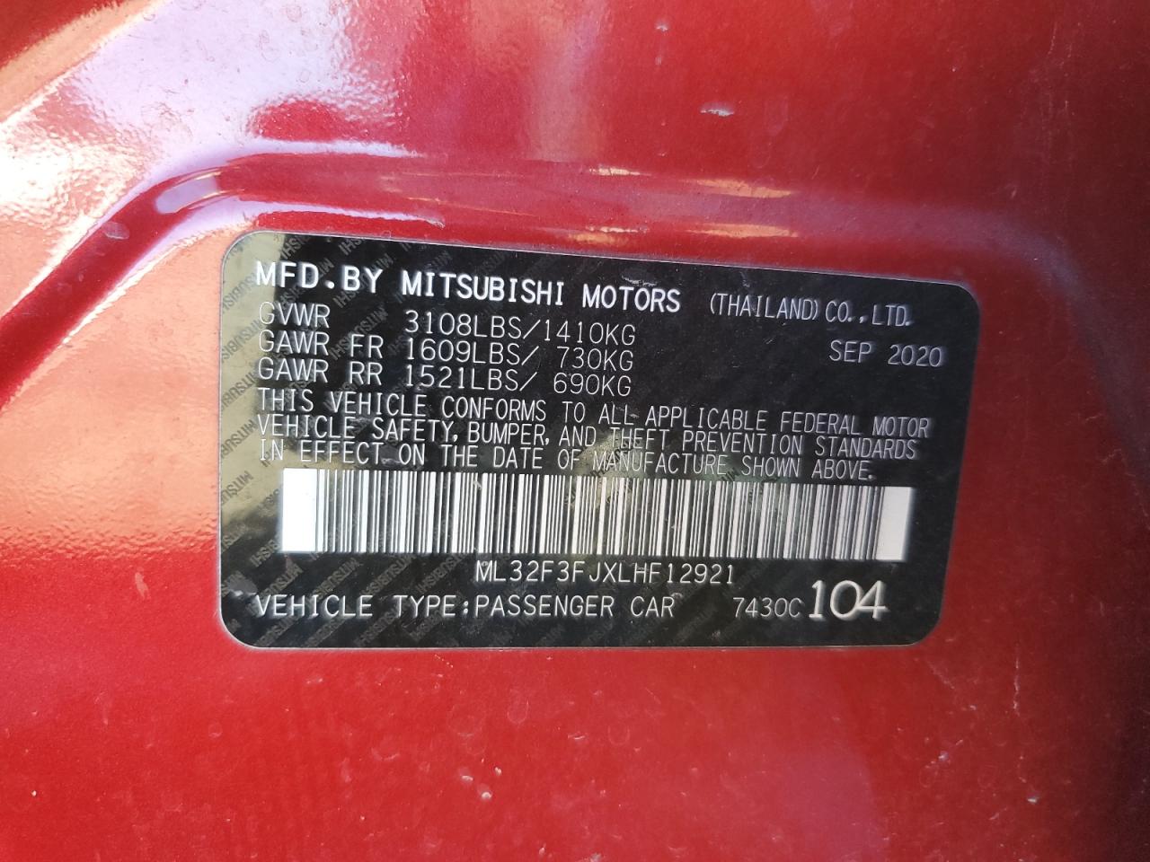 2020 Mitsubishi Mirage G4 Es VIN: ML32F3FJXLHF12921 Lot: 87249795