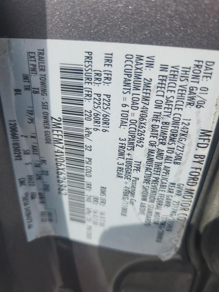 2006 Mercury Grand Marquis Gs VIN: 2MEFM74V06X626962 Lot: 81994995