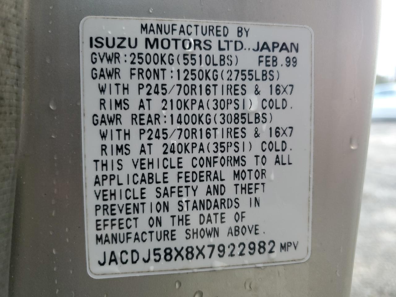 1999 Isuzu Trooper S VIN: JACDJ58X8X7922982 Lot: 89520585