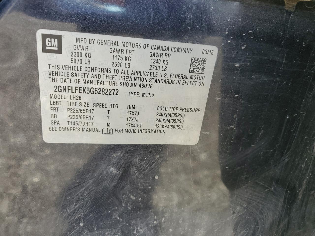 2016 Chevrolet Equinox Lt VIN: 2GNFLFEK5G6282272 Lot: 82197255