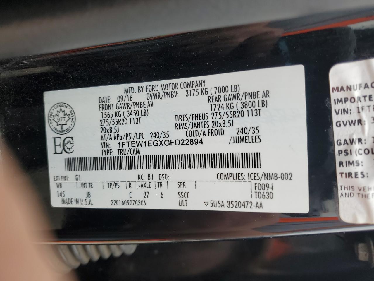 2016 Ford F150 Supercrew VIN: 1FTEW1EGXGFD22894 Lot: 90116695